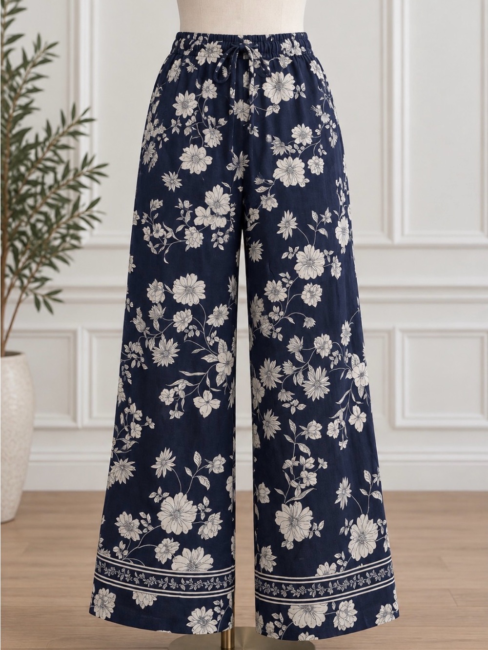LOFT Navy Wide-Leg Floral Print Pants